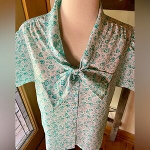 Judy Bond Neck Tie Satin Blouse VINTAGE Teal Rose Pattern Puff Sleeve Office M